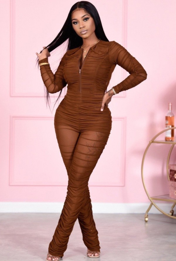 Fall Sexy Brown Zipper Up Wrinkle Long Sleeve Jumpsuit