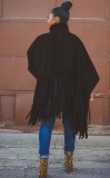Fall Plus Size Black High Neck Puff Sleeve Oversize Tassels Top