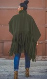 Fall Plus Size Green High Neck Puff Sleeve Oversize Tassels Top