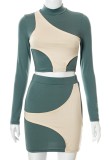 Fall Sexy Color Contrast Midi Neck Long Sleeve Crop Top and Mini Skirt Set