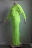 Fall Plus Size Plain Green Long Sleeve Full Maxi Dress