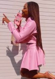 Fall Sexy Pink Zipper Crop PU Leather Jeacket and Matched Mini Pleated Skirt Set