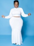 Fall Plus Size Basic White Slim Crop Top and Matched Mermaid Skirt Set