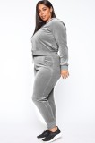 Fall Plus Size Casaul Grey Solid Hoodies And Pant Tracksuit