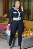Fall Causal Black Contrast White Tape Long Sleeve Crop Top And Pant Set