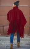 Fall Plus Size Red High Neck Puff Sleeve Oversize Tassels Top