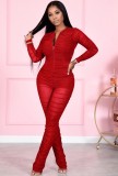 Fall Sexy Red Zipper Up Wrinkle Long Sleeve Jumpsuit