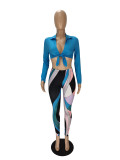 Autumn Blue Knotted Crop Top and Print Legging Set