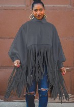 Fall Plus Size Gray High Neck Puff Sleeve Oversize Tassels Top