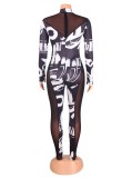 Fall Sexy Print With See Throgh Net Jumpsuit