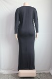 Fall Plus Size Plain Black Long Sleeve Full Maxi Dress