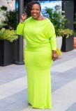 Fall Plus Size Plain Green Long Sleeve Full Maxi Dress