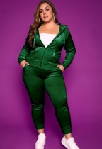 Fall Plus Size Casaul Green Solid Hoodies And Pant Tracksuit