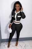 Fall Causal Black Contrast White Tape Long Sleeve Crop Top And Pant Set