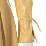 Fall Sexy Khaki Zipper Crop PU Leather Jeacket and Matched Mini Pleated Skirt Set