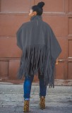 Fall Plus Size Gray High Neck Puff Sleeve Oversize Tassels Top