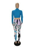Autumn Blue Knotted Crop Top and Print Legging Set