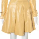 Fall Sexy Khaki Zipper Crop PU Leather Jeacket and Matched Mini Pleated Skirt Set