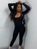 Fall Sexy Black U-neck Backless Long Sleeve Fitted Jumpsuit