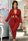Fall Sexy Red Frint Tie-knotted Long Sleeve Crop Top and Skinny Pants Set