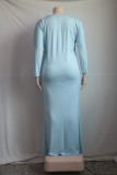 Fall Plus Size Plain Blue Long Sleeve Full Maxi Dress