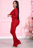 Fall Sexy Red Zipper Up Wrinkle Long Sleeve Jumpsuit