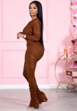 Fall Sexy Brown Zipper Up Wrinkle Long Sleeve Jumpsuit