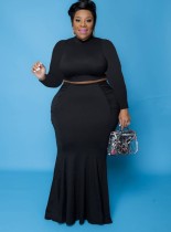 Fall Plus Size Basic Black Slim Crop Top and Matched Mermaid Skirt Set