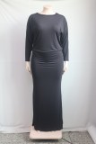 Fall Plus Size Plain Black Long Sleeve Full Maxi Dress