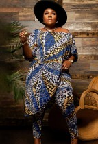 Fall Plus Size Leopard Print Off Shoulder half Sleeve loose Top and Matched Pants Set