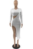 Fall Sexy White Round Neck One Sleeve Crop Top And Matching Irregular Dress Set