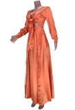 Fall Elegant Orange Wrap Tied Long Sleeve Evening Dress
