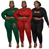 Fall Plus Size Black Hollow Out Long Sleeve Crop Top And Pant Set