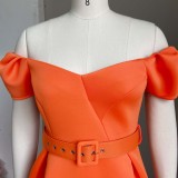Summer Elegant Orange V-Neck Puffed Short-Sleeve with belt Long Dress