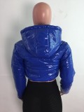Winter Casual Blue Pu Leather Long Sleeve With Hood Short Jacket