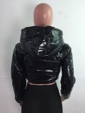 Winter Casual Black Pu Leather Long Sleeve With Hood Short Jacket