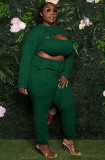 Fall Plus Size Green Hollow Out Long Sleeve Crop Top And Pant Set