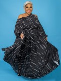 Fall Plus Size Black Dot Print Irregular Collar Cut Out Long Sleeve Maxi Dress