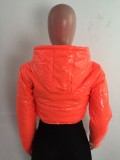 Winter Casual Orange Pu Leather Long Sleeve With Hood Short Jacket