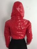 Winter Casual Red Pu Leather Long Sleeve With Hood Short Jacket