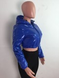 Winter Casual Blue Pu Leather Long Sleeve With Hood Short Jacket