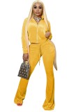 Fall Casual Yellow Crop Top And Pants 2 Piece Velvet Tracksuit