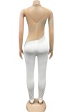 Fall Sexy White See Through Beaded One Sleeve Party Jumpsuit