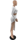 Fall Sexy White Round Neck One Sleeve Crop Top And Matching Irregular Dress Set