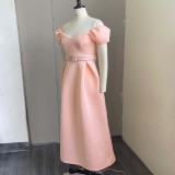 Summer Elegant Peachy beige V-Neck Puffed Short-Sleeve with belt Long Dress