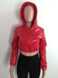 Winter Casual Red Pu Leather Long Sleeve With Hood Short Jacket
