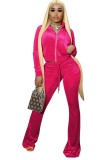 Fall Casual Rosy Crop Top And Pants 2 Piece Velvet Tracksuit