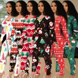 Winter Christmas Print Long Sleeve Hollow Out Jumpsuit