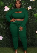 Fall Plus Size Green Hollow Out Long Sleeve Crop Top And Pant Set