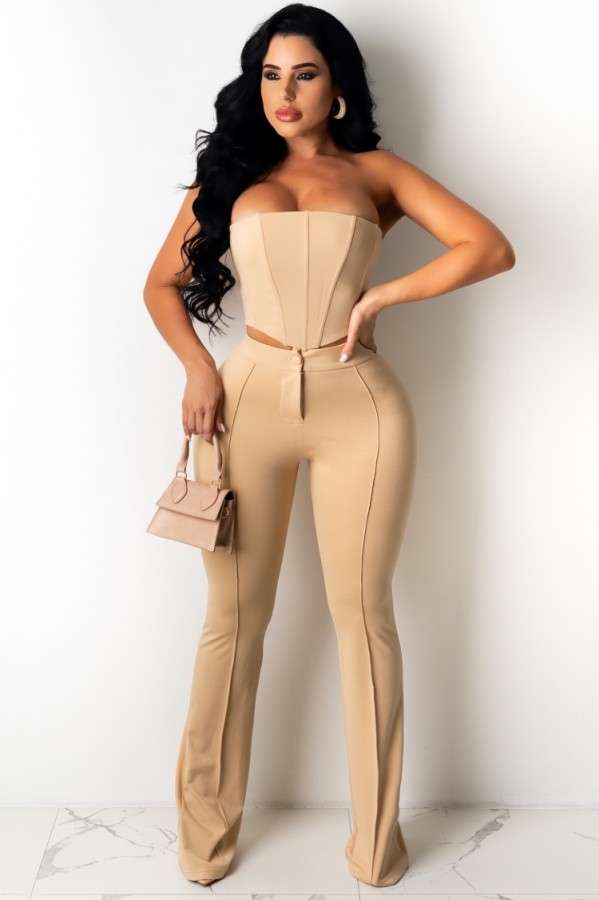 Summer Sexy Kahaki Strapless Pleat Top And Pant Set